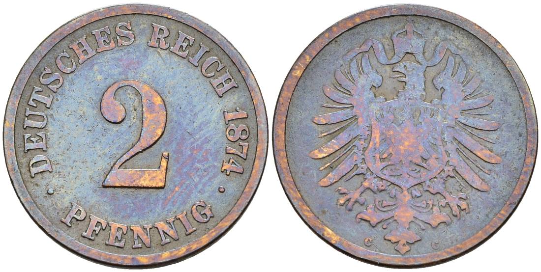 ГЕРМАНИЯ 2 ПФЕННИГА 1874 C, СТАРОГЕРБОВКА KM 2, Jager 2, Weege 3 медь 4546-533