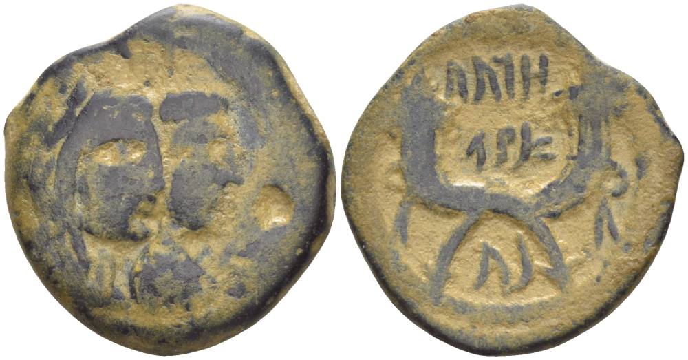 Набатея AE 20 - 40 гг. Арета IV, бюсты Ареты IV и царицы Шакилат / два рога изобилия, Петра Meshorer 114 медь 1073-21-104