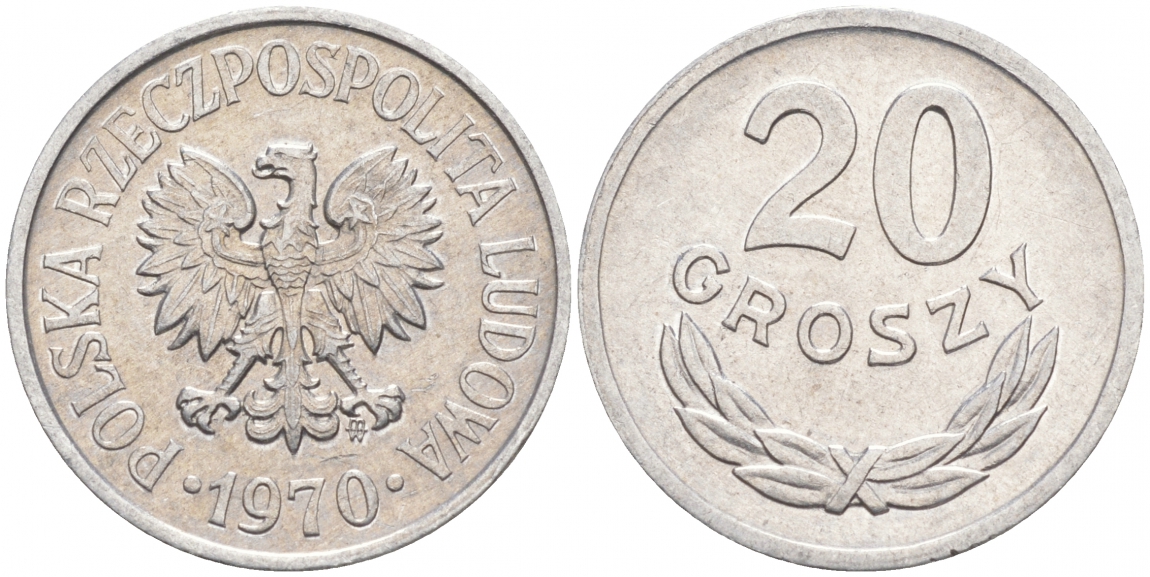 ПОЛЬША 20 ГРОШЕЙ 1970 MW KM А47 алюминий 4516-422