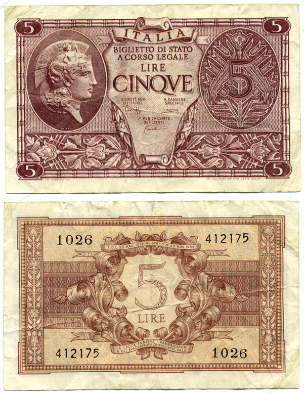 Италия 5 лир 1944 23 ноября 1944 Афина в шлеме, signatures: BoLaffi / CavalLaro / Giovinco Pick 31c, Grapanzano BS 31 3295-43-2-2