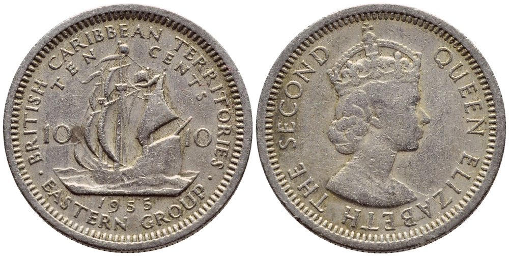 Британские Восточно-Карибские территории 10 центов 1955 Елизавета II (1952-2022), парусник KM 5 медно-никель 4387-217