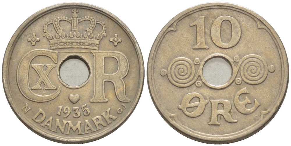 ДАНИЯ 10 ЭРЕ 1935 N ; GJ, КРИСТИАН X (1912-1947) KM 822.2 медно-никель 4383-122