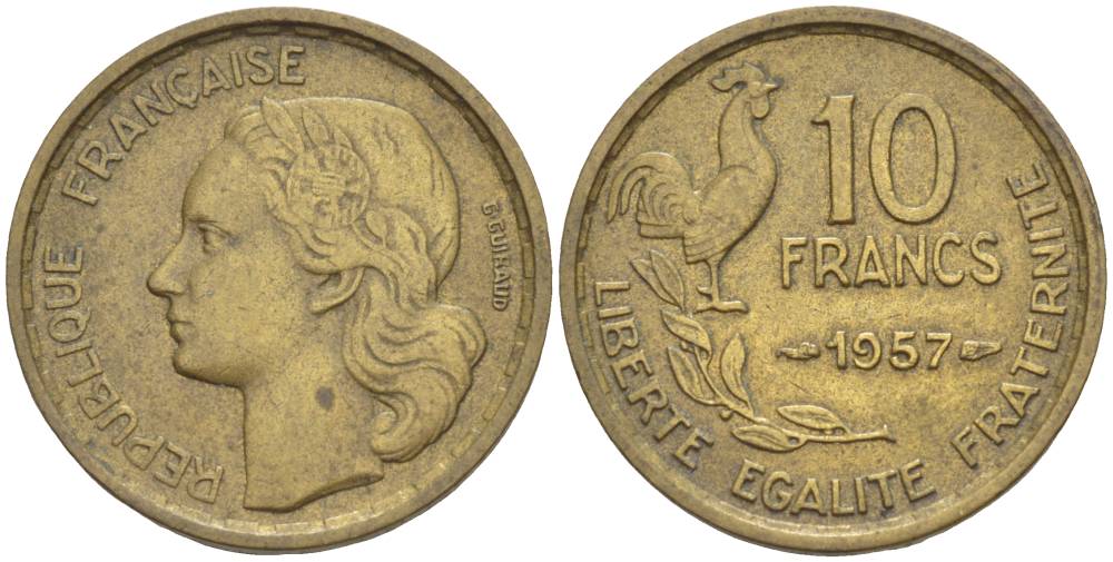 ФРАНЦИЯ 10 ФРАНКОВ 1957 KM 915.1, LE FRANC 363.13 алюминиевая бронза 4551-327