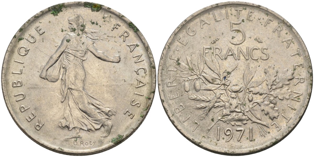 Франция 5 франков 1971 сеятель KM 926a.1, Le Franc 341.3 медно-никель плакированный никелем 4117-1212