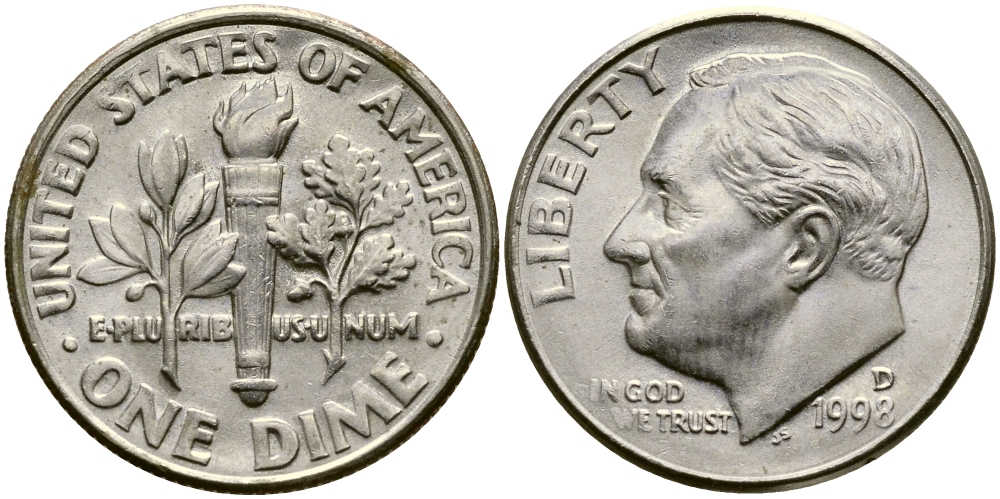 США 10 ЦЕНТОВ = 1 ДАЙМ 1998 D, РУЗВЕЛЬТ KM 195а медь плакированная медно-никелем 46-1116