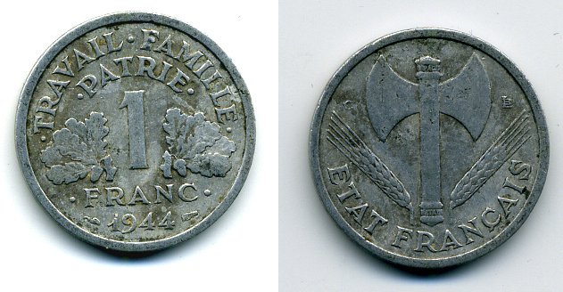 ФРАНЦИЯ 1 ФРАНК 1944 С, ТИП LEGERE, ПРАВИТЕЛЬСТВО ВИШИ KM 902.2, LE FRANC 223.7 алюминий 37-1123
