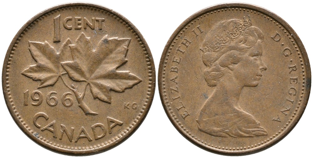Канада 1 цент 1966 Елизавета II (1952-2022), кленовый лист KM 59.1 бронза 4528-728