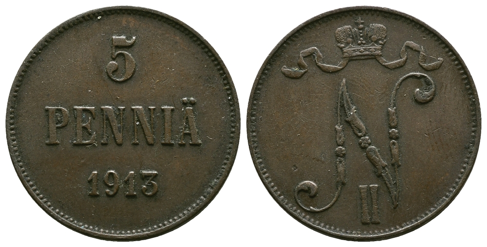 Россия для Финляндии 5 пенни 1913 Николай II (1894-1917) КМ 15, Биткин 453 медь 4382-834