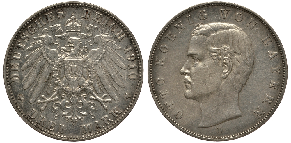 Бавария 3 марки 1910 Отто (1886-1913) Weege 45, J. 47, KM 515 серебро 3711-2014