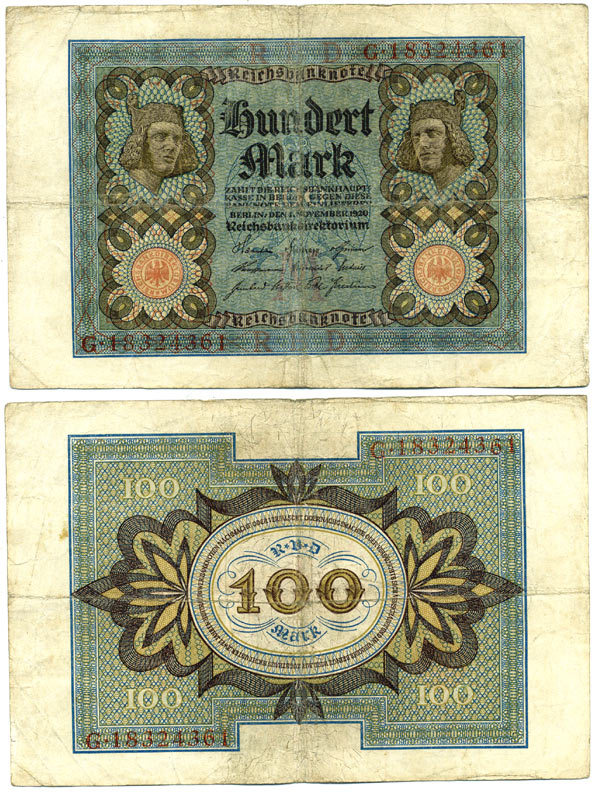 Германия 100 марок 1920 Бамбергский всадник, 8 цифр в номере Pick 69 b, Розенберг 69b бумага 3295-117-3-1