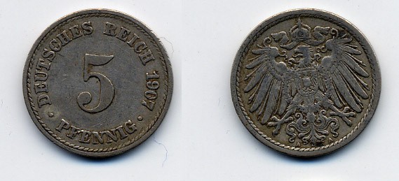 ГЕРМАНИЯ 5 ПФЕННИГОВ 1907 A, KM 11, J. 12 медно-никель 84-969