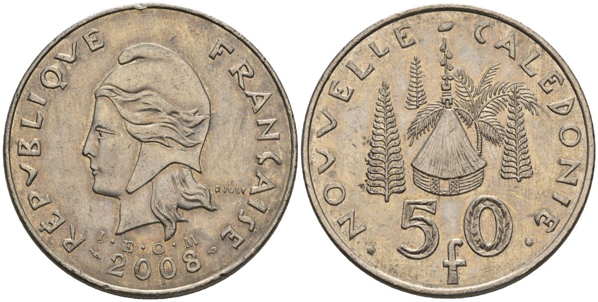 Французская Новая Каледония 50 франков 2008 хижина среди сосен и пальм, (IEOM) KM 13a, Schoen 15a, Lec 128i медно-никель 4111-336
