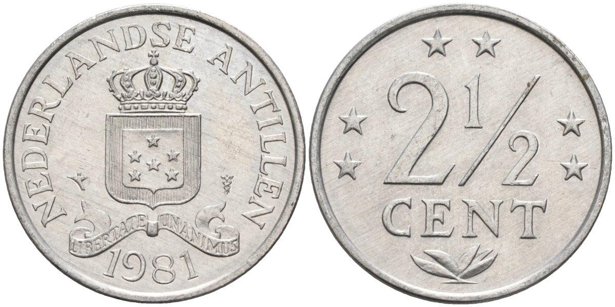 Нидерландские Антилы 2 1/2 цента 1981 Беатрикс (1980-2013) KM 9а алюминий 4586-756