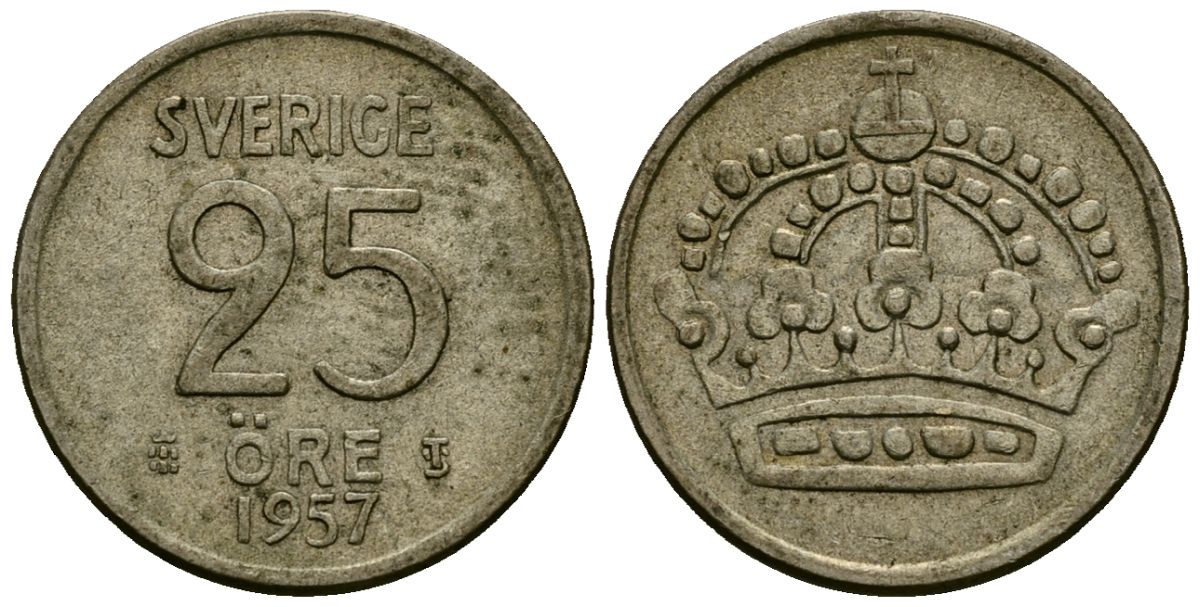 Швеция 25 эре 1957 T;S, Густав VI Адольф (1950-1973) KM 824 серебро 4136-913