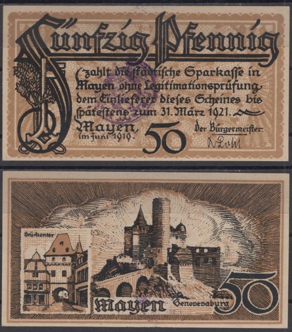 Майен 50 пфеннигов 1919 DeNG 2 M20.1e бумага UNC (пресс) 8613-60-3-1