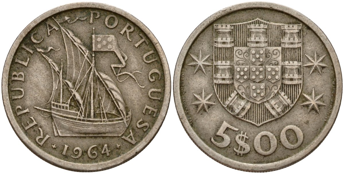 Португалия 5 эскудо 1964 KM 591 медно-никель 4187-1113