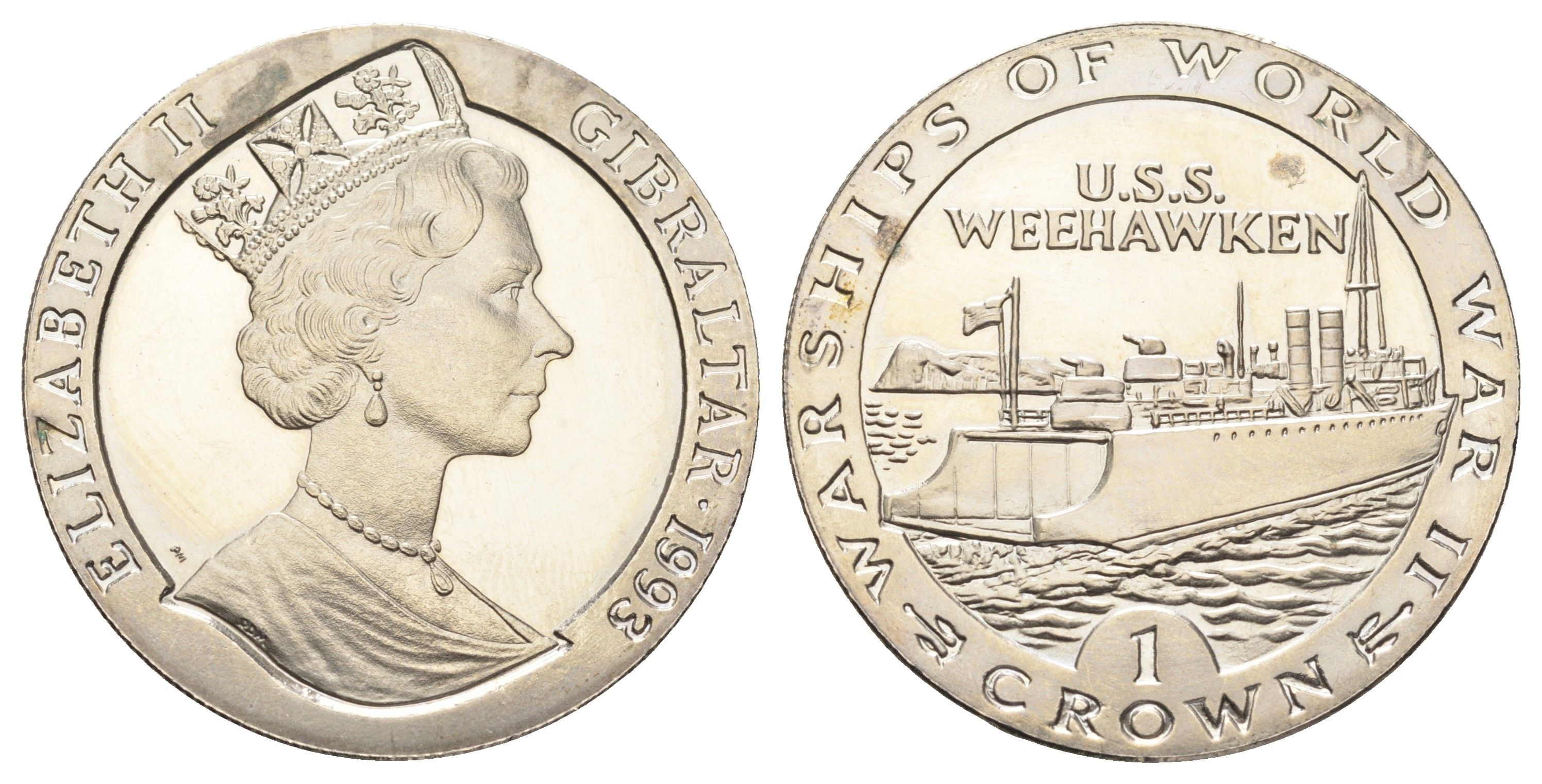 Гибралтар 1 крона 1993 Боевые корабли Второй мировой войны - USS Weehawken KM 116 медно-никель BU 1078-2-21