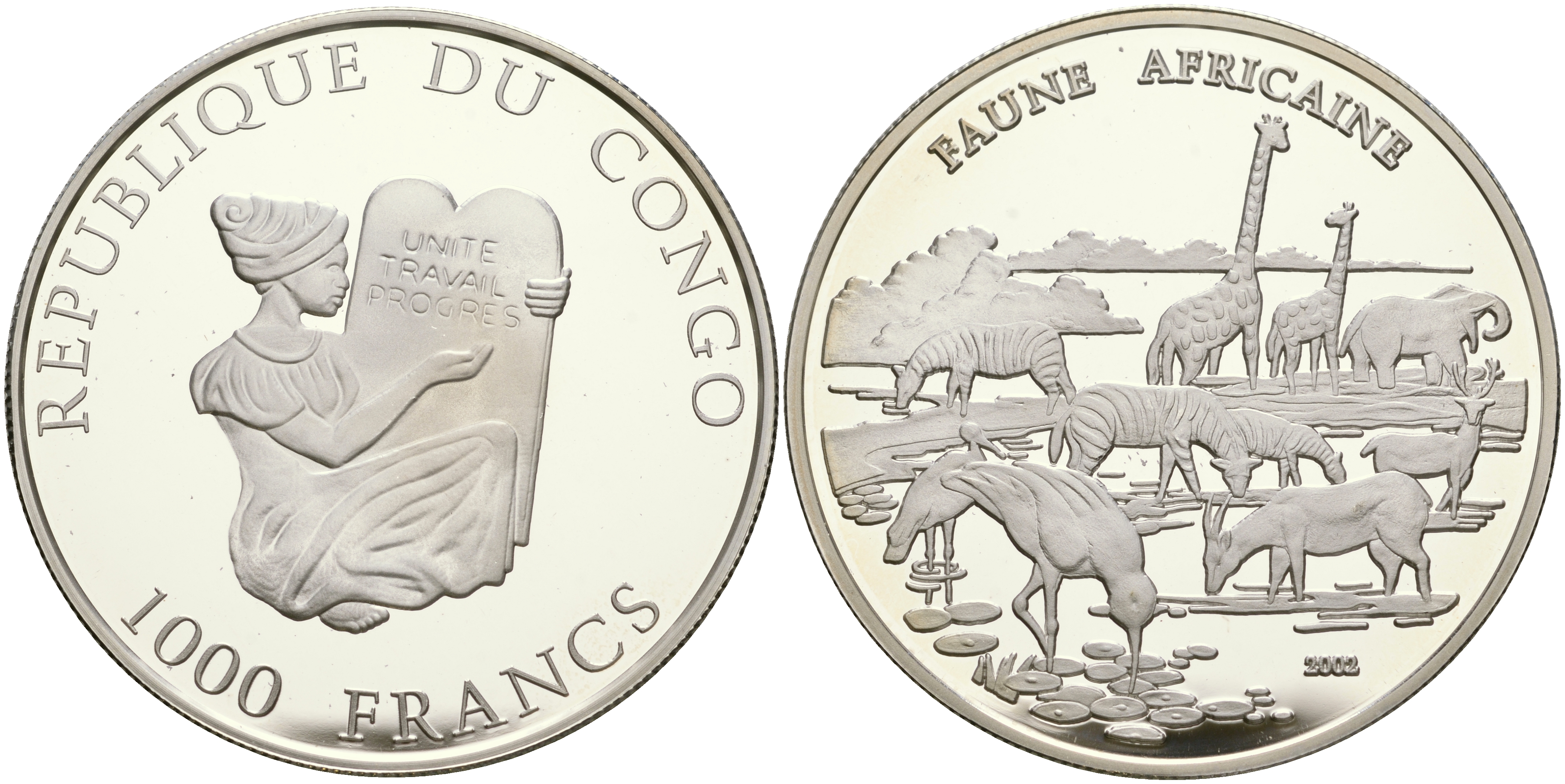Конго 1000 франков 2002 Африканская фауна серебро PROOF 1077-3-54