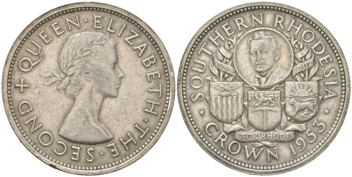 Южная Родезия 1 крона 1953 100 лет со дня рождения Сесиля Родса, Елизавета II (1952-2022) KM 27 серебро 00-00
