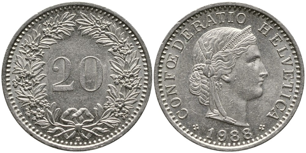ШВЕЙЦАРИЯ 20 РАППЕНОВ 1988 В KM 29а медно-никель 4539-641