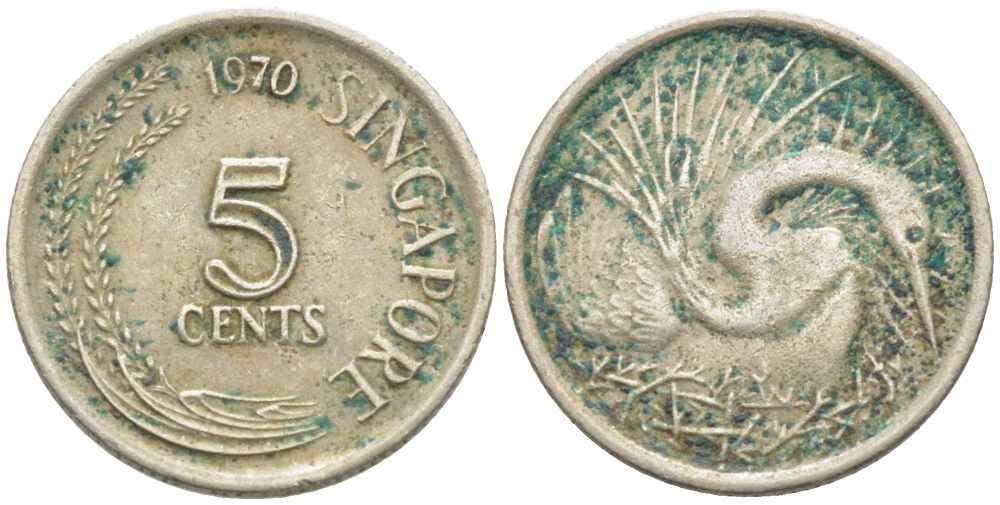 Сингапур 5 центов 1970 большая белая цапля KM 2 медно-никель 73-149