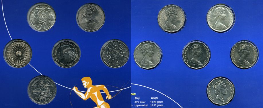 АВСТРАЛИЯ НАБОР ИЗ 6 МОНЕТ ПО 50 ЦЕНТОВ 1966-1990 БУКЛЕТ UNC 7-5-14