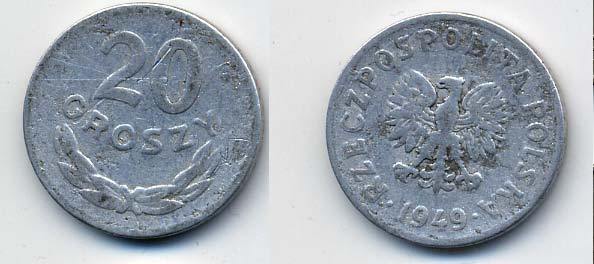 Польша 20 грошей 1949 KM 43а, Parchimowicz 207b алюминий 35-345