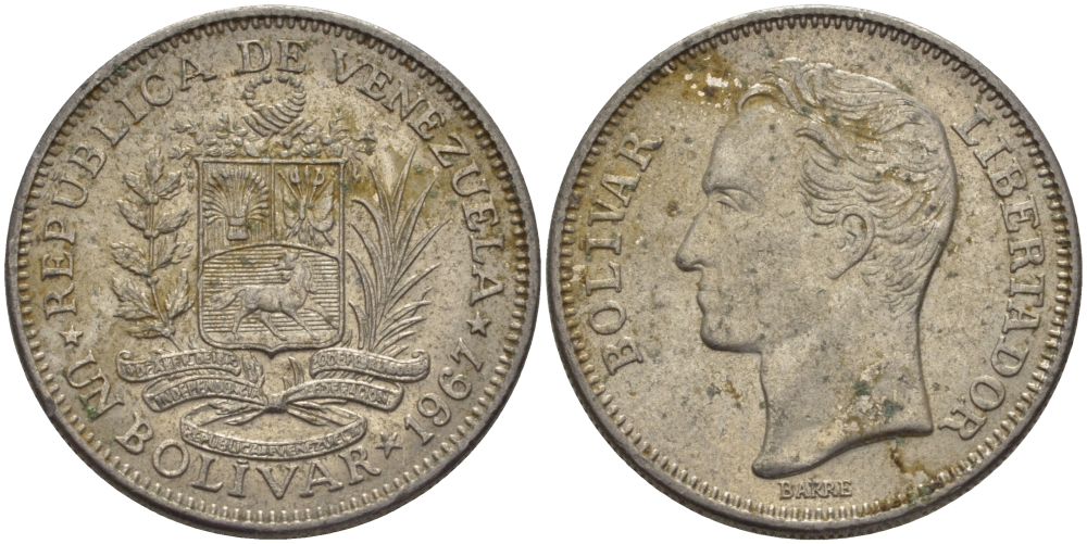 Венесуэла 1 боливар 1967 Симон Боливар KM 42 никель 31-531