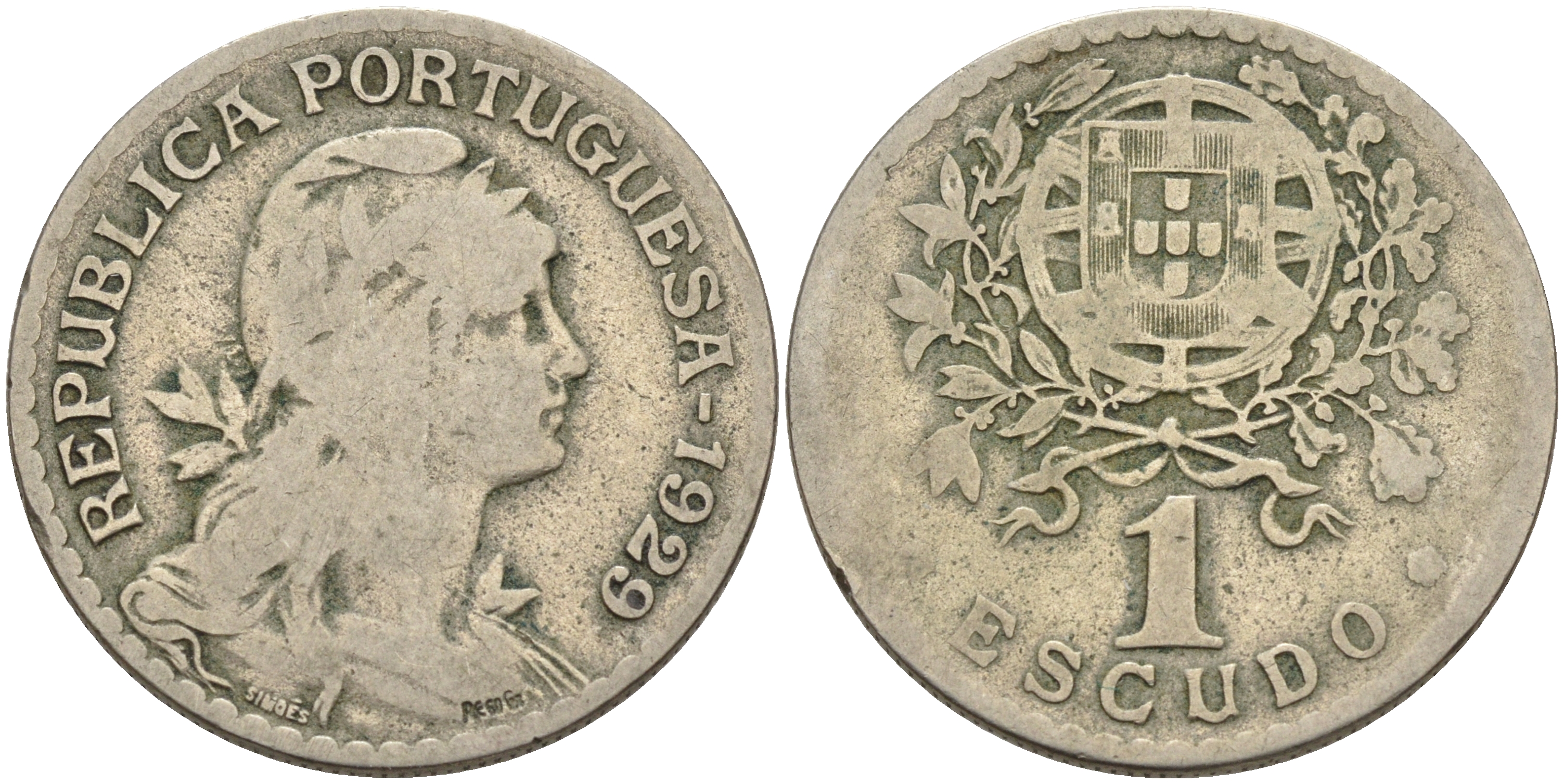 ПОРТУГАЛИЯ 1 ЭСКУДО 1929 ГОЛОВА СВОБОДЫ ВПРАВО KM 578 медно-никель 4563-1021