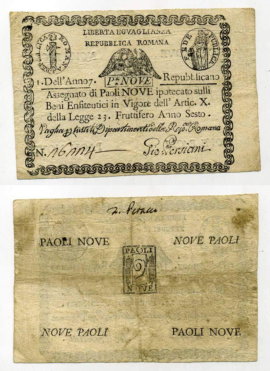 Римская Республика 9 паоли 1798 7 год Республики Pick S 539 бумага 451-284-1