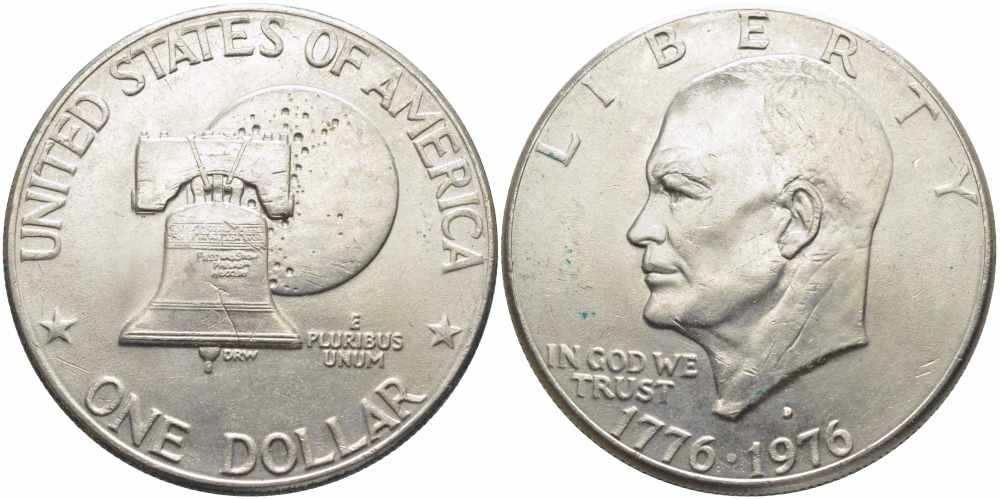 США 1 доллар 1976 D, 200 лет независимости, Президент Эйзенхауэр, колокол, тип II KM 206 медь плакированная медно-никелем 4386-125