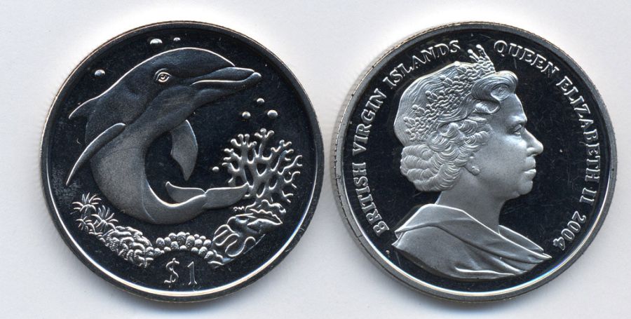 Британские Виргинские острова 1 доллар 2004 дельфин KM 286 медно-никель UNC 35-233