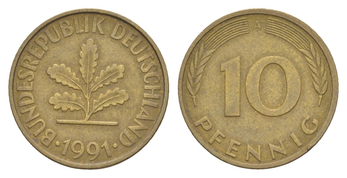 Германия 10 пфеннигов 1991 A KM 108, J. 383 сталь плакированная латунью 4627-128
