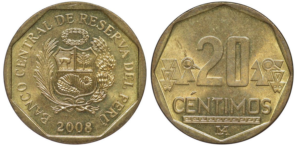 Перу 20 сентимо 2008 KM 306.4 латунь aUNC 4605-513
