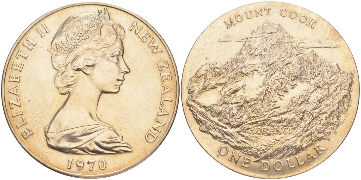 Новая Зеландия 1 доллар 1970 гора Кука, Аораки, Елизавета II (1952-2022) KM 42 медно-никель UNC 4552-1114