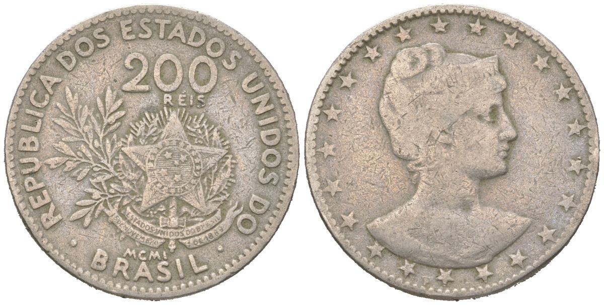 Бразилия 200 реалов 1901 MCMI, голова свободы вправо KM 504 медно-никель 4612-337