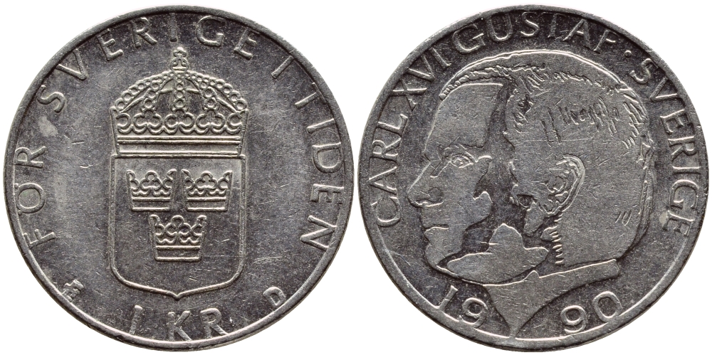 Швеция 1 крона 1990 Карл XVI Густав (1973- ) KM 852a медно-никель 4398-1226