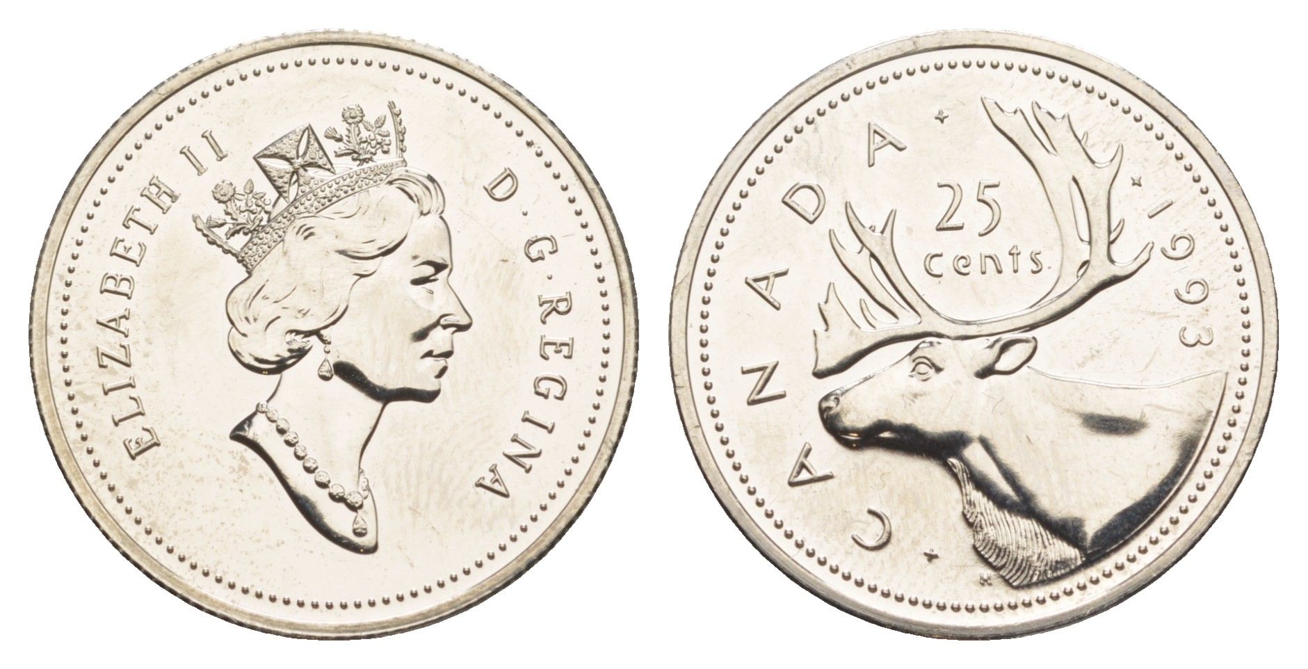 Канада 25 центов 1993 Елизавета II (1952-2022), олень KM 184 никель PROOF-LIKE (BU) 4638-542