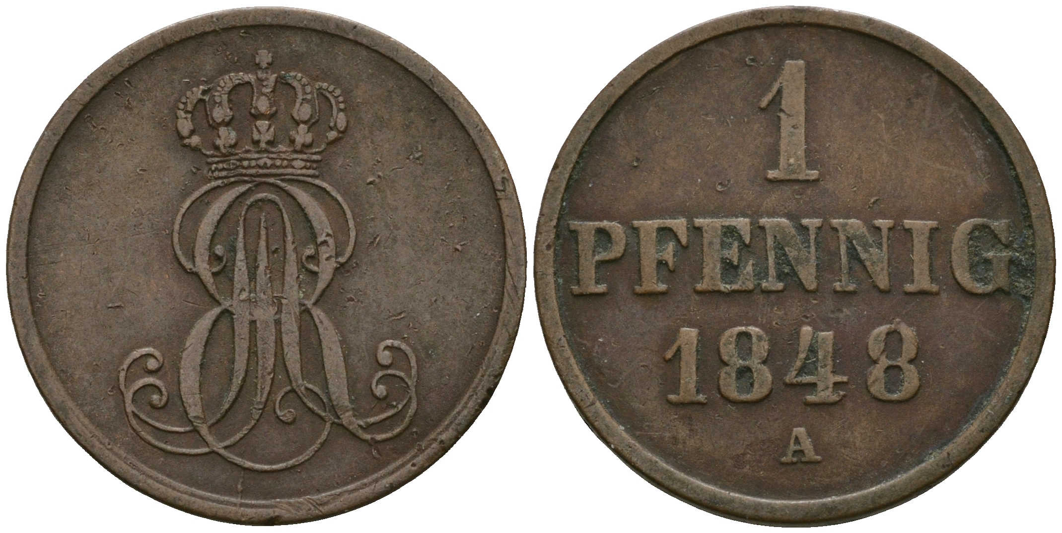 Ганновер 1 пфенниг 1848 A, Эрнст Август (1837-1851) KM 201.2, AKS 130, J. 74 медь 4608-1022