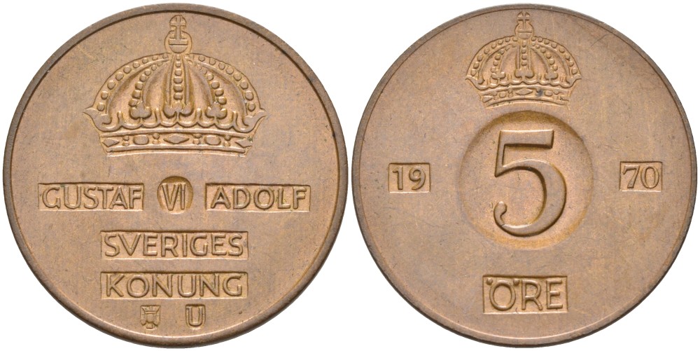 Швеция 5 эре 1970 U, Густав VI Адольф (1950-1973) KM 822 бронза 4557-833