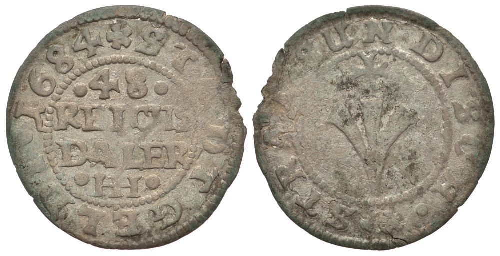 Передняя Померания, Штральзунд, Шведское правление (Шведская Померания) 1/48 рейхсталера 1684 HIH, Карл XI KM 46 серебро 413-131