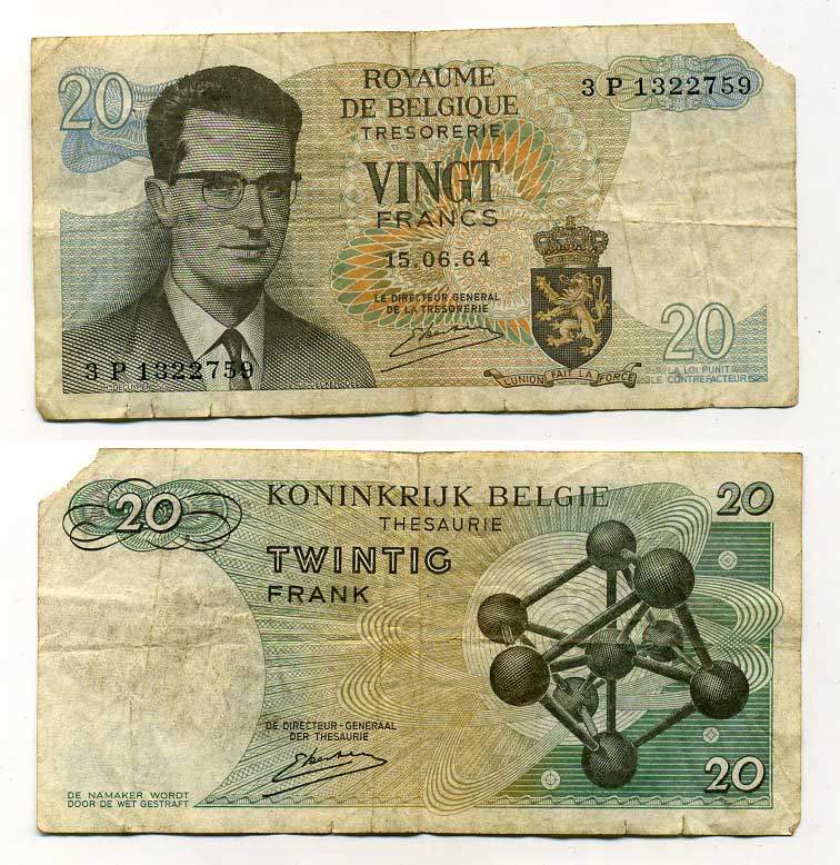 Бельгия 20 франков 1964 Бодуэн I, атомиум, Kestens Pick 138 (3) бумага 6289-40-3-2