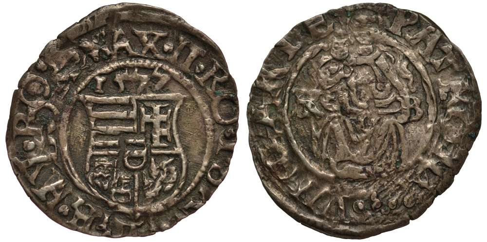 Венгрия 1 денар 1577 К-В, Максимилиан II Габсбург (1564-1576), мадонна с младенцем, вес 0,53 го. серебро 4182-1141