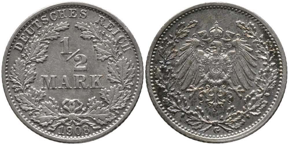 ГЕРМАНИЯ 1/2 МАРКИ 1908 G KM 17, J. 16, Weege 16 серебро 4448-742
