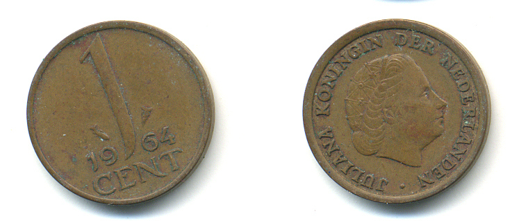 Нидерланды 1 цент 1964 Юлиана (1949-1980) KM 180 бронза 83-934