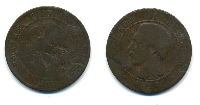 ФРАНЦИЯ 10 САНТИМОВ 1857 A, НАПОЛЕОН III (1852-1870) KM 777.1, LA FRANC 133.39 бронза 23-1032