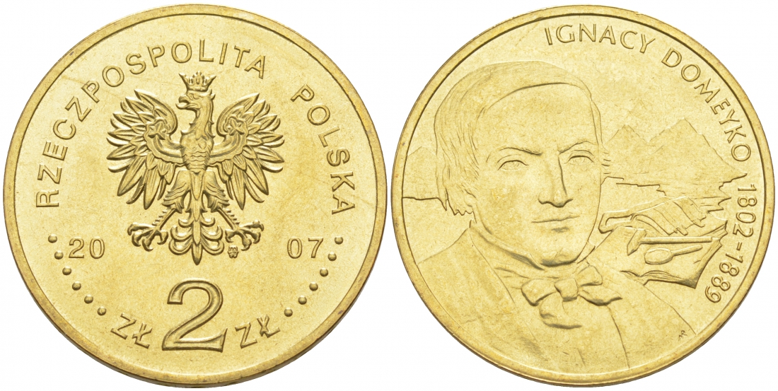 Польша 2 злотых 2007 MW, серия польские путешественники - Игнацы Домейко (1802-1889) KM 590 латунь UNC 69-1121