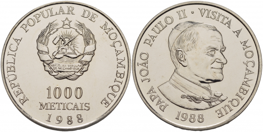 Мозамбик 1000 метикалей 1988 визит в Мозамбик папы Иоанна Павла II KM 109 медно-никель UNC 1076-9-53