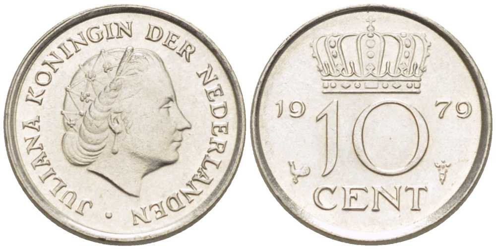НИДЕРЛАНДЫ 10 ЦЕНТОВ 1979 ЮЛИАНА (1948-1980) KM 182 никель 211-1249