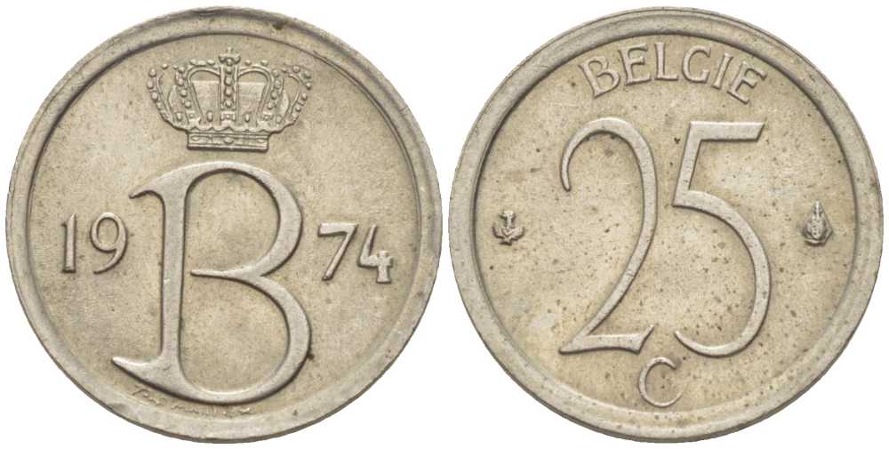 БЕЛЬГИЯ 25 САНТИМОВ 1974 BELGIE KM 154.1 медно-никель 4387-1159